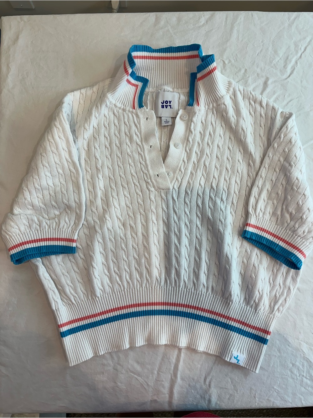 JoyLab White Cable-Knit Polo Sweater with Blue and Red Stripe Trim